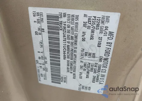 2001 Ford Explorer Sport Trac z USA, uszkodzony, nr VIN 1FMZU67E11UC66486